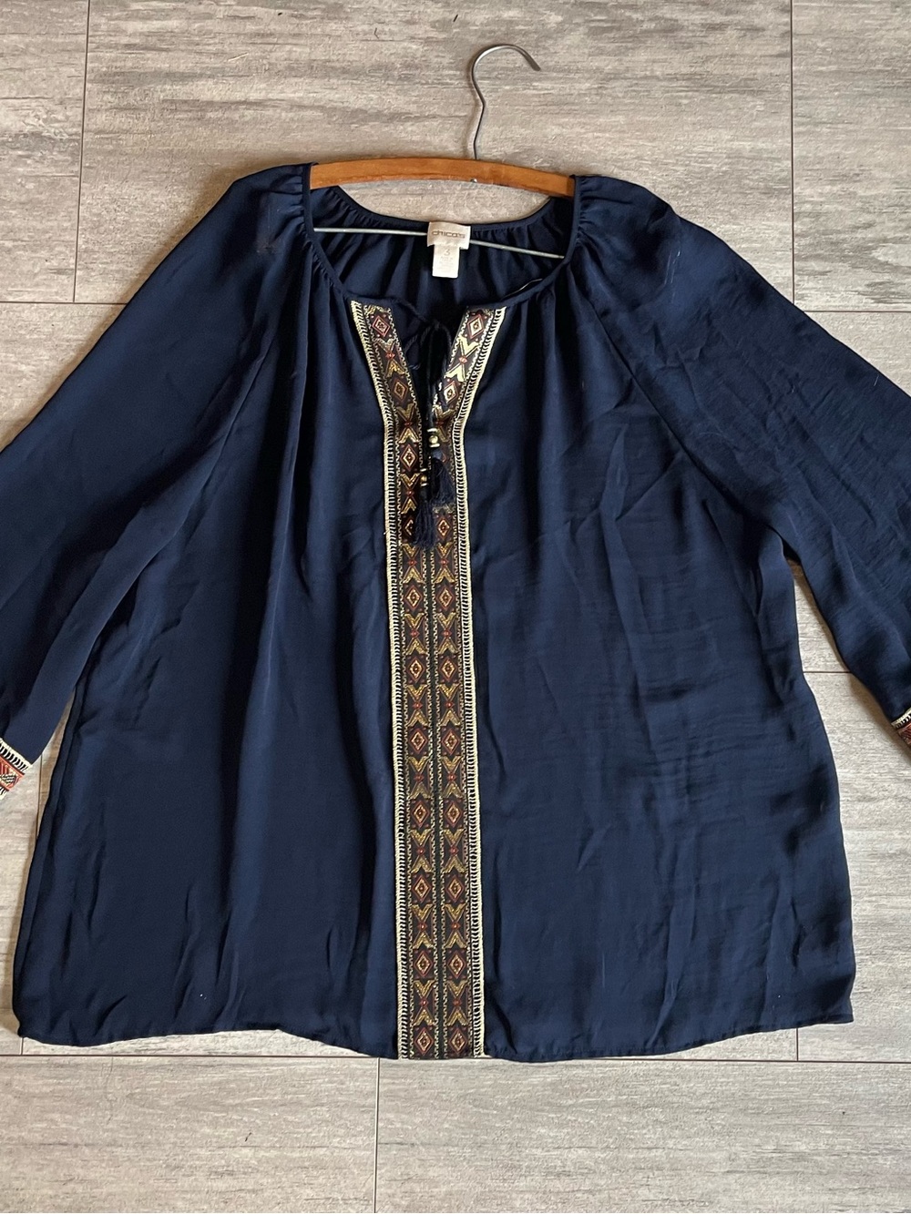 Chico's Bohemian Blouse Women Size 3, XL, Navy Blue Tassel Boho Top Tunic